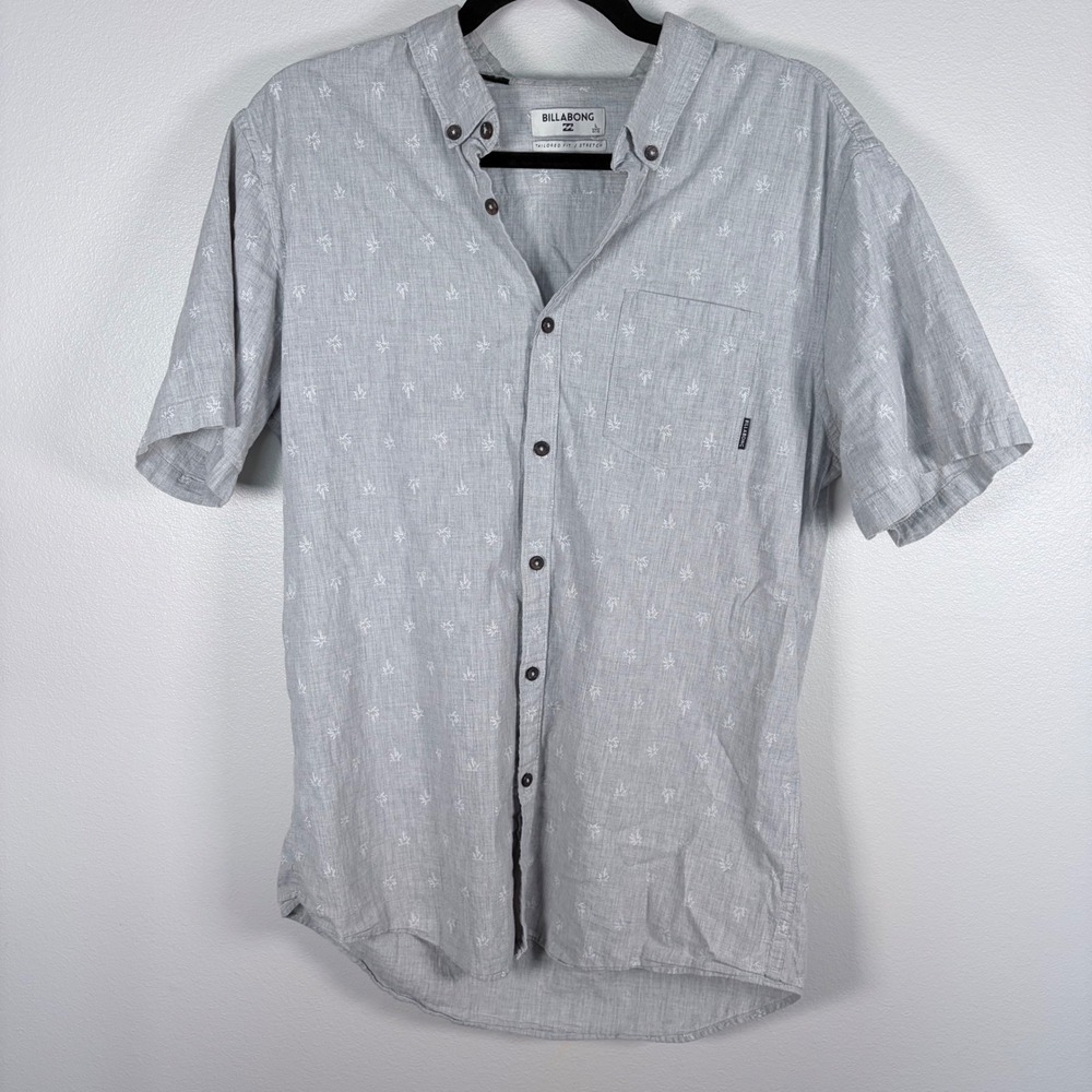 Billabong Mens Grey Palm Tree Print Short Sleeve Button Down Tailored Fit L